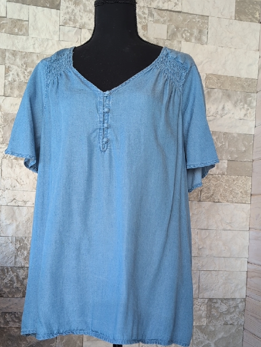 Jane & Delancey Light Blue Women's V-Neck Smocked Yoke Top XL Boho Tunic